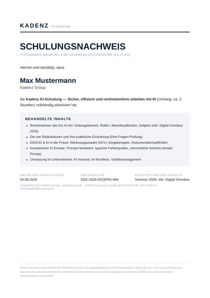 Muster des Kadenz Schulungsnachweises